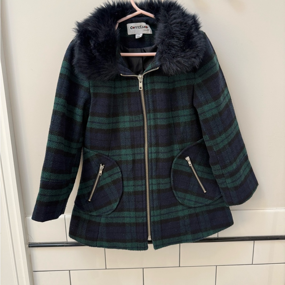 CoffeeShop Navy and Green Plaid Pea Coat with Faux Fur Collar